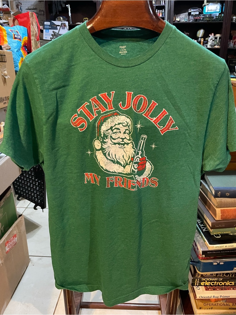 Holiday Time Green Tee with Red “Stay Jolly My Friends” Santa Graphic